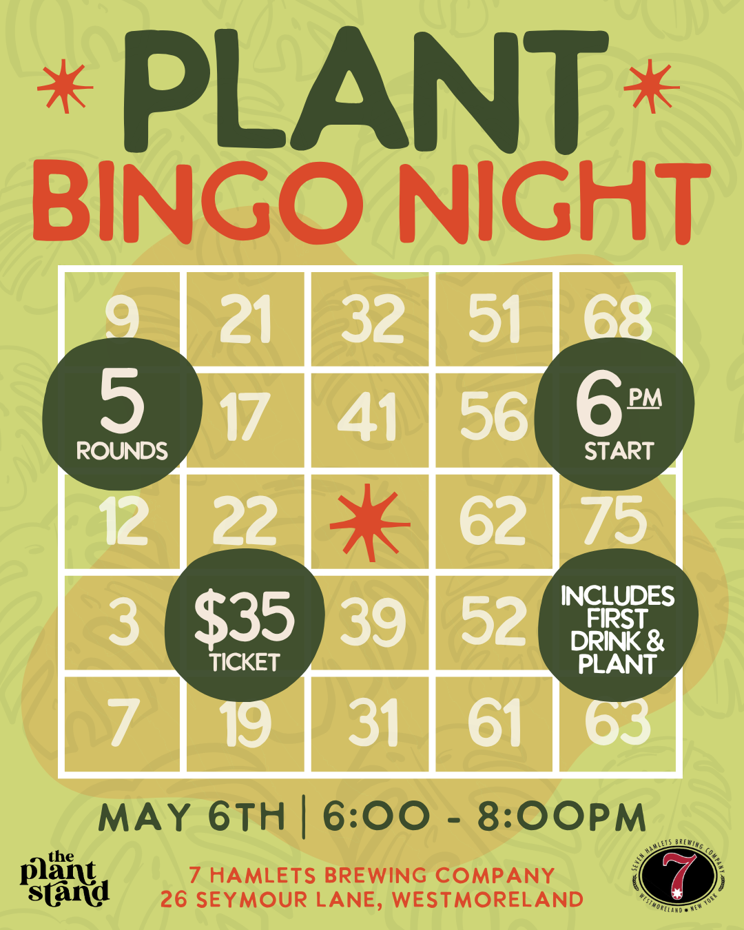 Promotional poster for Plant Bingo Night with event details and a bingo board design.