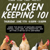 Promotional flyer for a chicken keeping class with chickens on a green background