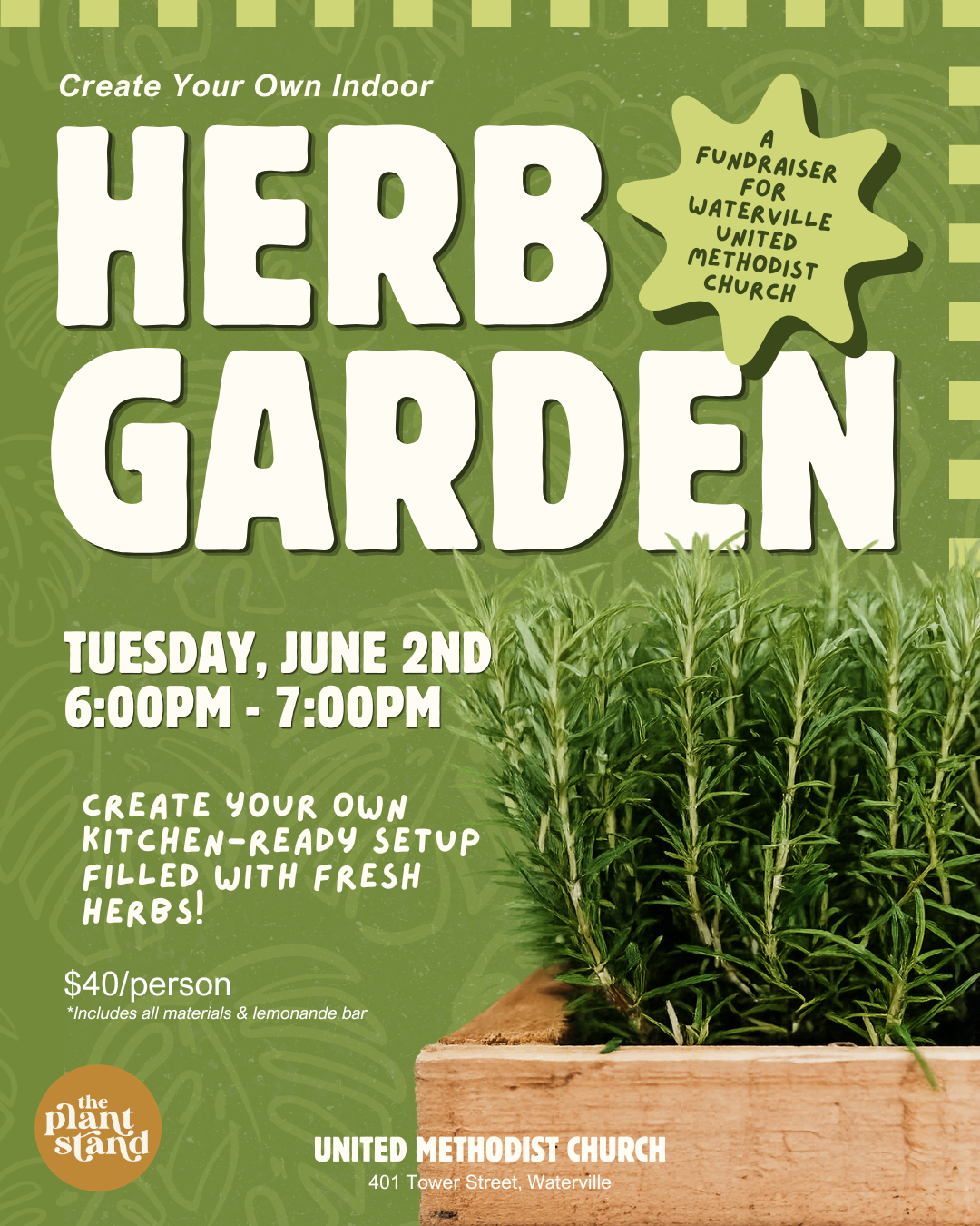 Flyer for an indoor herb garden fundraiser event with text and images of herbs.