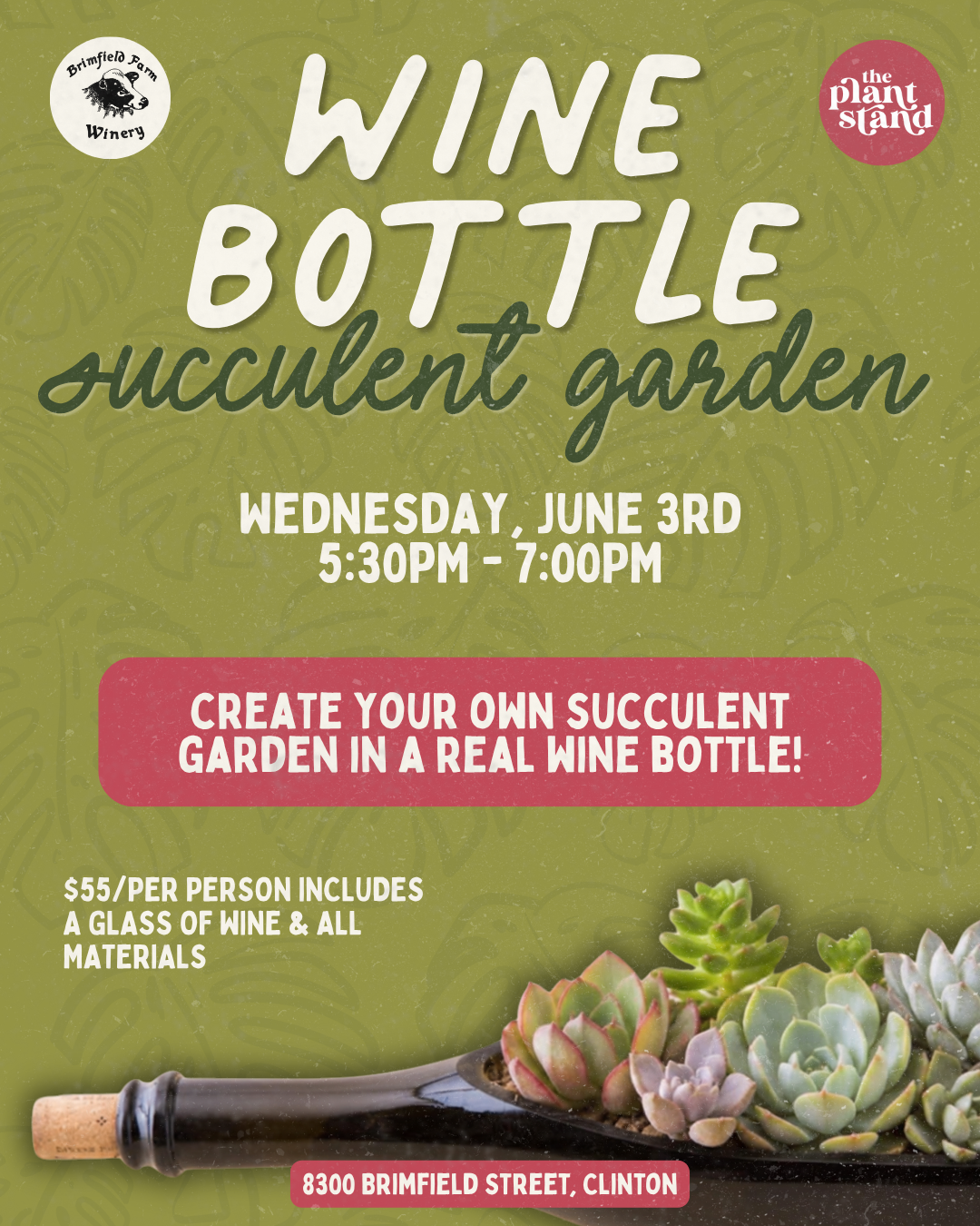 Promotional flyer for a wine bottle succulent garden event with text and images of a wine bottle and succulents.